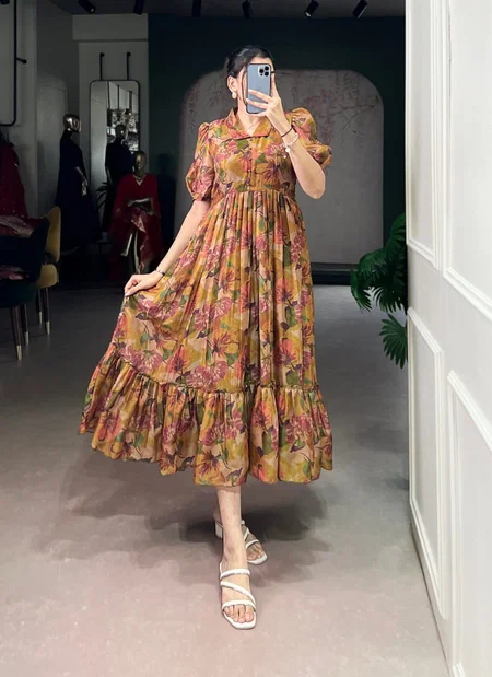 Lnb 4505 Brown Colour Organza With Floral Print Designer Frock Wholesale Suppliers In Mumbai